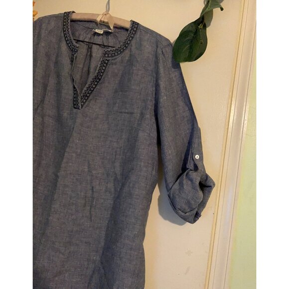 Artisan NY 1X 100% Linen Tunic Top Blue Long Sleeve Embroidered Boho Peasant Blo - Picture 10 of 13